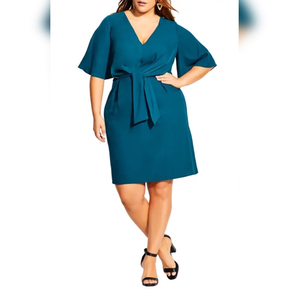 City Chic Front Knot Flutter Sleeve Satin Effect Dress Teal Size 14 NWT